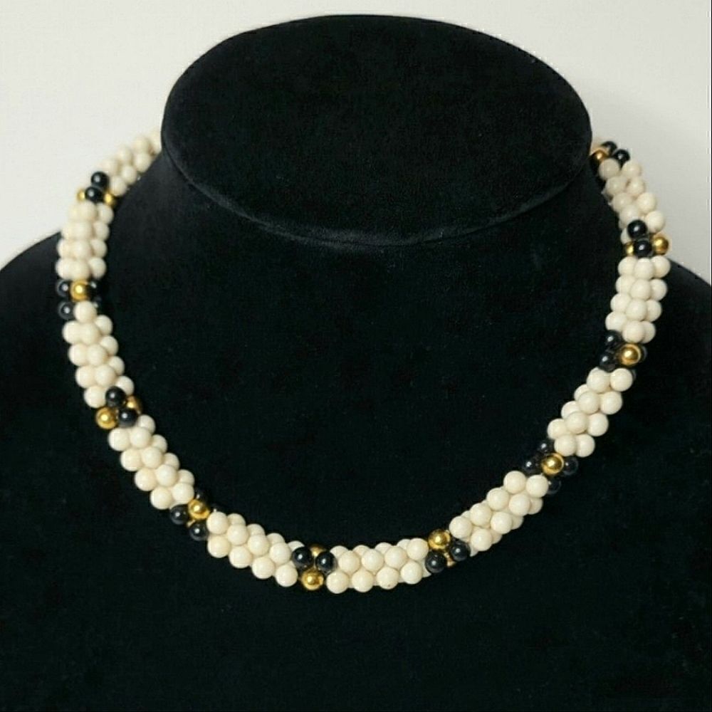 Vintage signed black white gold double strand necklace